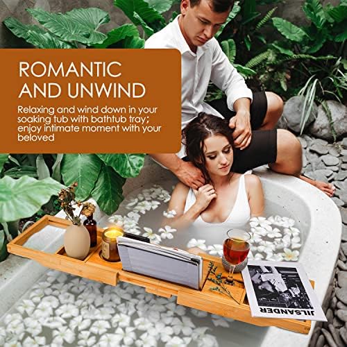 Foldable Bathtub Tray Caddy with Soap Dish Adjustable 29.5-43''Beige - Image 3