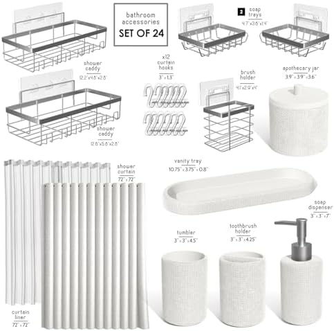 Clara Clark Bathroom Set - White Bathroom Accessories Set, 24PC Bathroom Accessory Set, Bathroom Sets with Shower Curtain Set, Adhesive Corner Shower Caddy Hanging & Soap Dispenser - Image 2