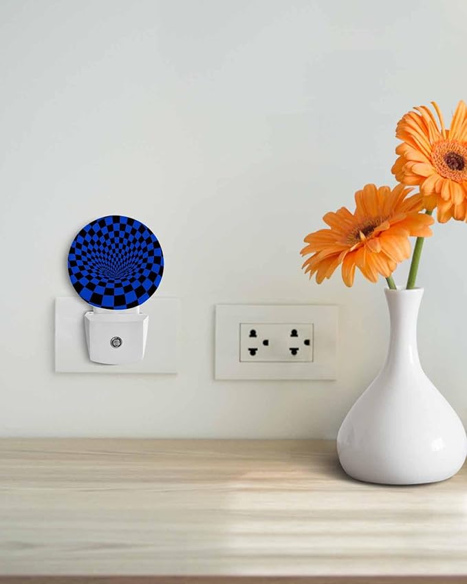 Night Lights Auto Sensor Blue Black Checker Night Light 3D Abstract Mosaic Tiles Round Lamp Plug-in LED Nightlights Dusk to Dawn for Living Room Bedroom Bathroom Hallway Wall Decor