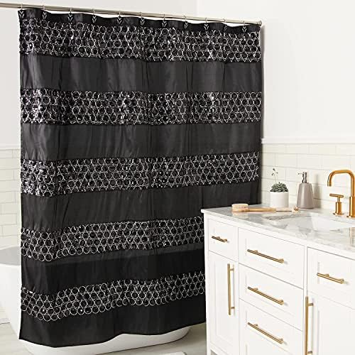 Zahari Home 13pc Sinatra Bathroom Shower Curtain Set Classic Shower Curtain & 12 Shower Curtain Hooks Luxury Fabric Shower Curtain Unique Design Bling Black Shower Curtain Set - Image 2