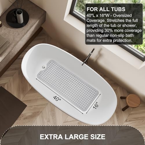 TEESHLY Upgrade Bath Tub and Shower Mats, Non Slip 40 x 16 Inch Extra Large Bathtub Mat, Machine Washable Bathmat with Drain Holes, Suction Cups for Bathroom Floor, Clear Gray - Image 5