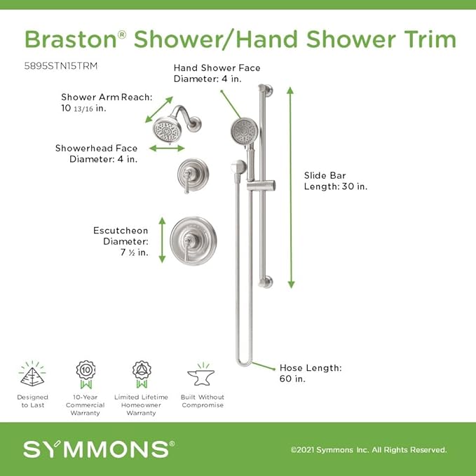 Symmons Braston HydroMersion Double Handle Shower Trim Kit with Hand Spray in Satin Nickel - 5895STN15TRM