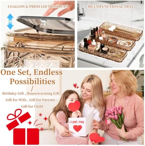 Bathroom Accessory Set, 9-Piece Brown Bathroom Set with Trash Can, Toilet Brush, Soap Dispenser, Soap Dish, Toothbrush Holder, Tumbler, Q-tip Holders & Tray, for Hotel/Apartment, Housewarming Gift - Image 6