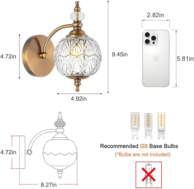 Brushed Antique Brass Bathroom Wall Sconce Vintage Style - G9 Bulb Compatible, Small Hardwired Bathroom Vanity Lighting with Hand-Etched Glass Shades, Easy Mounted for Bedroom Living Room Hallway