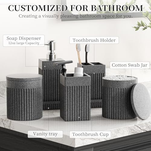 6-Piece Bathroom Set Grey - Stone Textured Resin Bathroom Organizer with Soap Dispenser, Toothbrush Holder, Vanity Tray, Tumbler & Cotton Swab Jars for Small Spaces - Image 2