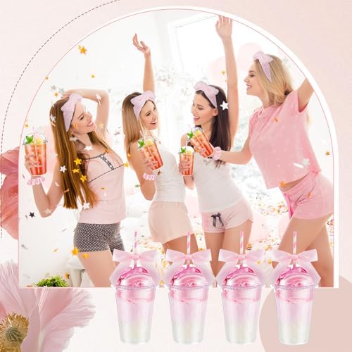 Nitial 84 Pcs Spa Sleepover Party Supplies Including Headband Sleep Eye Mask Velvet Scrunchies Bath Loofah Sponges Plastic Cup with Lids Straws for Girls' Night Birthday Party (Pink) - Image 4