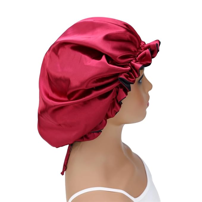 Adjustable Silk Satin Bonnet Hair Care Caps for Women Girls Loose-fitting Reversible Sleeping Cap Shower Caps Hair Wrap Bonnets (008 Wine/Black)