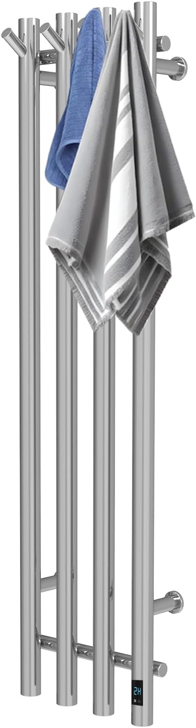 Electric Heated Towel Rack Warmer, Wall Mounted, Stainless Steel, 4 Bar Vertical Round Design, 5 Minute Rapid Heating, Timer Control, 10.1 x 37.4 Inches (Silver)