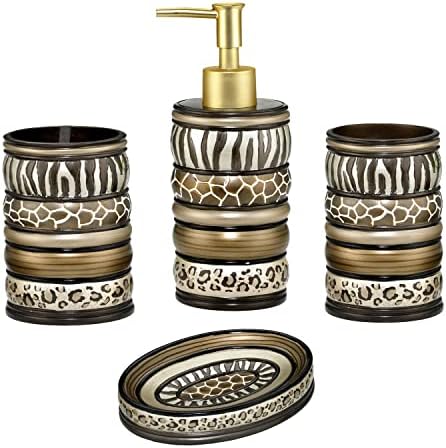 Zahari Home 4pc Safari Stripes Stylish Bathroom Accessories Set Hand Soap Dispenser, Tumbler, Tooth Brush Holder and Soap Dish Modern Classic Luxury Contemporary Decor Unique Design Stylish Bath Set by ZahariHome