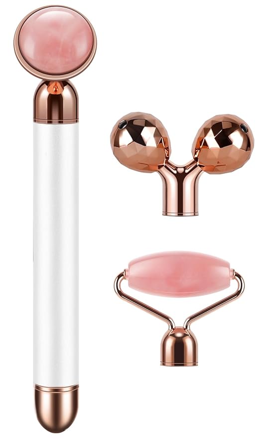 DANGSHAN 3-in-1 Electric Jade Roller 3D Roller Facial Roller & Face Massager, Rose Quartz