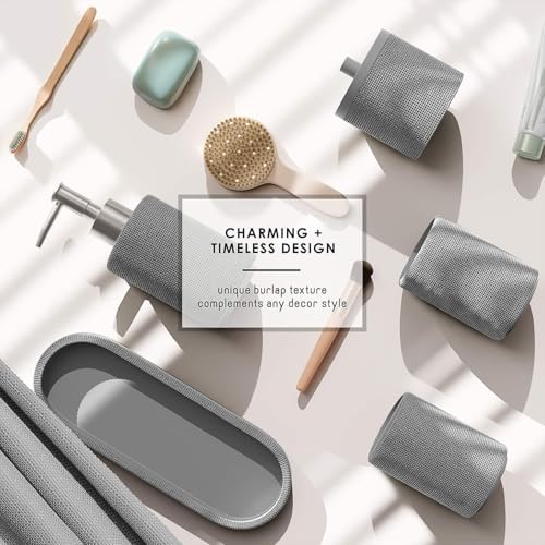Clara Clark Bathroom Set - Grey Bathroom Accessories Set, 5PC Bathroom Accessory Set, Bathroom Sets with Soap Dispenser, Toothbrush Holder, Tumbler, Cotton Swab Jar & Vanity Tray - Image 5