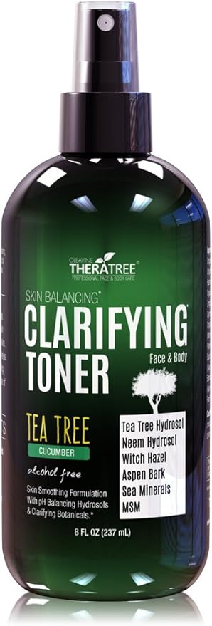 TheraTree Clarifying Toner with MSM, Tea Tree & Neem Hydrosol - Alcohol-Free Complexion Control for Face & Body - Reduces Appearance of Pores & Controls Oil - 8 Fl Oz