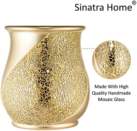 Zahari Home 2pc Sinatra Modern Bath Accessories Set Waste Basket & Tissue Box Champagne Gold Modern Decorative Beautiful Designs Bathroom Decor Set for Home Luxury Bath Set Mosaic Glass - Image 4