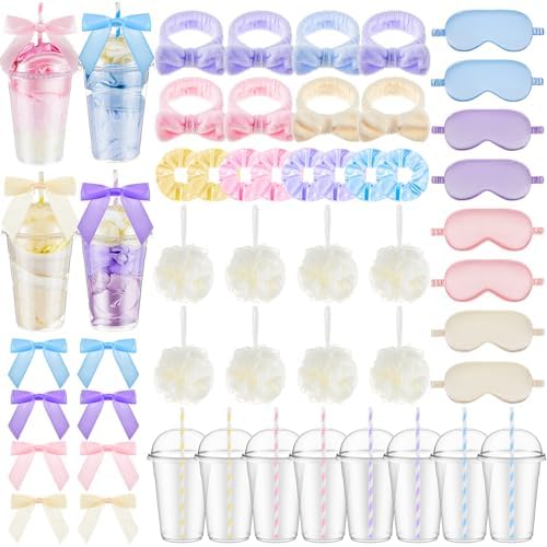 Nitial 56 Pcs Spa Party Supplies Including Spa Headband Sleep Eye Mask Velvet Scrunchies Bath Loofah Sponges Plastic Cup with Lids Straws for Sleepover Slumber Party Gift (Pink Purple Blue Yellow) by Nitial