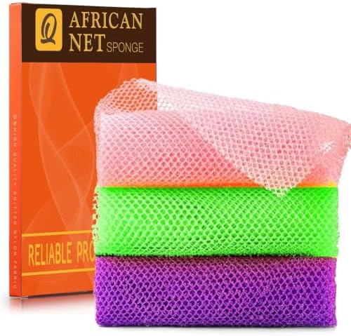 UJFQBH 3 Pieces African Bath Sponge African Net Long Net Bath Sponge Exfoliating Shower Body Scrubber Back Scrubber Skin Smoother,Great for Daily Use (Purple， Pink，Green) by BuyNow