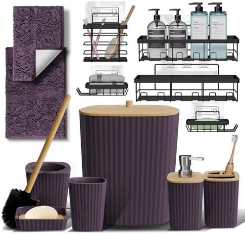 Clara Clark Bathroom Set - Purple Bathroom Accessories Set, 6PC Bathroom Accessory Set, Bathroom Sets with Bathroom Rugs, Adhesive Corner Shower Caddy Hanging, Toilet Brush, Trash Can & Soap Dispenser by ClaraClark