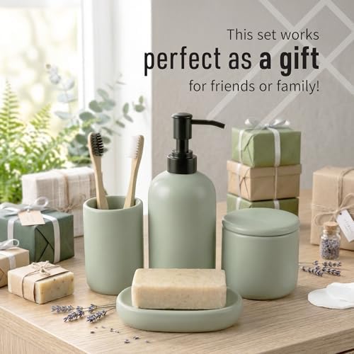 Ava Nord Modern Minimalist Ceramic Bathroom Accessories | Set of 4 | Green - Image 3