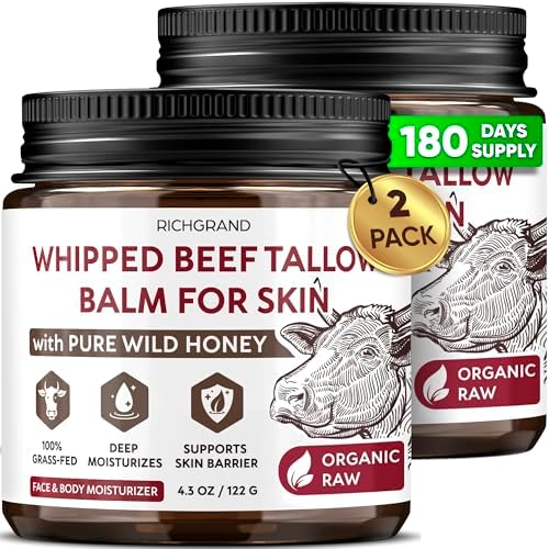 RICHGRAND Beef Tallow for Skin 2 Pack - Whipped Tallow and Honey Balm - Grass Fed Beef Tallow for Face, Daily Moisturizer & Body Butter - Natural Non Comedogenic Skincare (8.6 oz) by RICHGRAND
