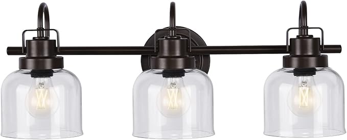 Bronze Bathroom Vanity Lights, 3-Light Vanity Light Fixtures for Bathroom, Oil Rubbed Bronze Vanity Light with Clear Glass Shade, Wall Sconces Lighting for Bathroom, Living Room, Hallway(E26 Base)