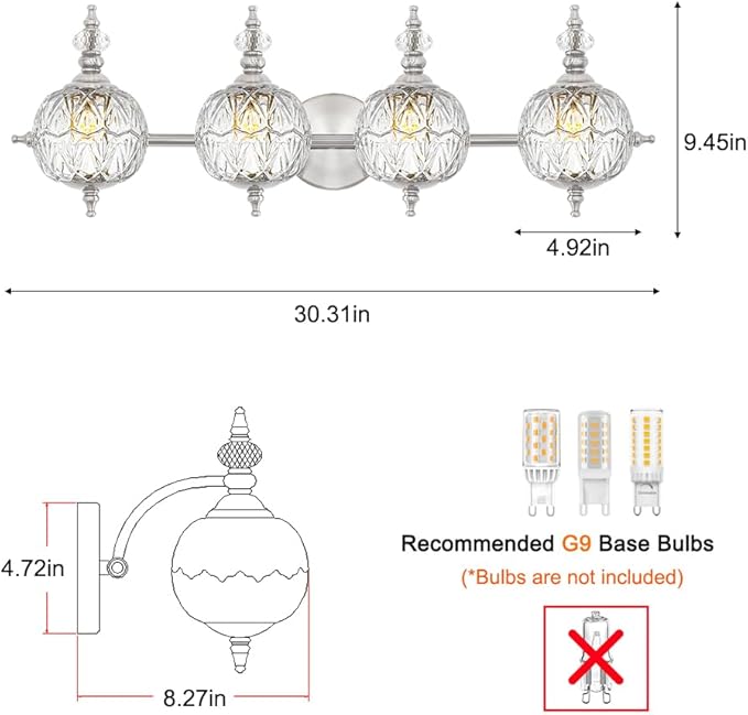 Brushed Nickel Bathroom Vanity Light Fixture Vintage Style - 4 Light G9 Bulb Compatible, 30" Wide Bathroom Lighting Over Mirror with Hand-Etched Glass Shades, Easy Mount for Makeup Area