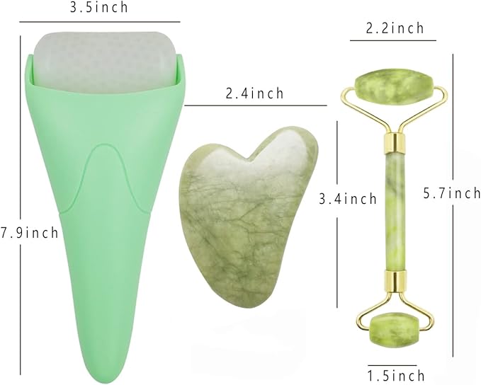 Chikoni 3 in 1 Ficial Face Ice Jade Roller and Gua Sha Tool, Natural Real Jade Anti-Wrinkle Face Eye Neck Massager Tool, Reduce Wrinkles, Puffiness, Migraine, Redness, Pain and Injury, Green