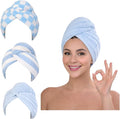 KELVO Microfiber Hair Towel Wrap for Women, 350 GSM Quick-Dry Hair Turban, Soft Anti-Frizz Towel for Curly, Long & Thick Hair, Lightweight Fast-Drying Head Wrap. (3 Blue (Solid,Stripes,Chess))