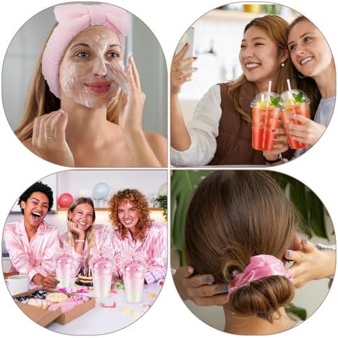 Nitial 56 Pcs Spa Sleepover Party Supplies Including Headband Sleep Eye Mask Velvet Scrunchies Bath Loofah Sponges Plastic Cup with Lids Straws for Girls' Night Birthday Party (Pink) - Image 6