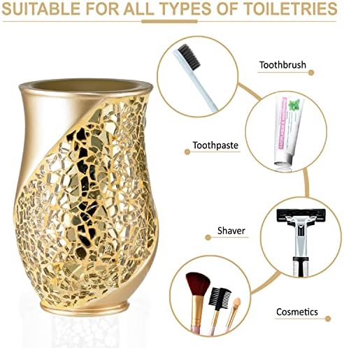 Zahari Home 4pc Sinatra Stylish Bathroom Accessories Set Champagne Gold Soap Dispenser Pump, Tumbler, Tooth Brush Holder and Soap Dish Modern Decor Bling Mosaic Glass Gold Bathroom Accessories - Image 5