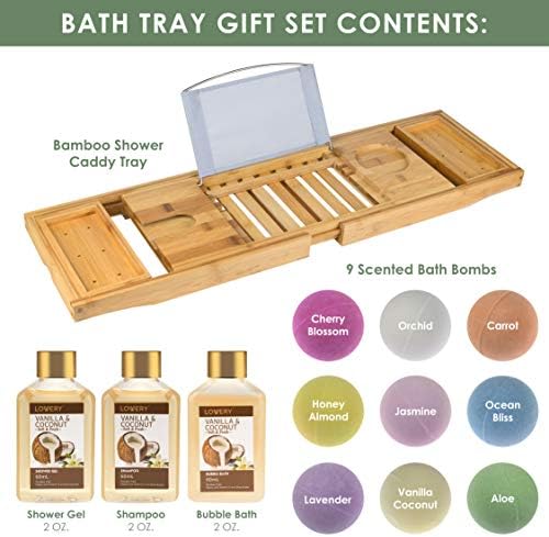 Birthday Gifts from Son, Premium Bamboo Bathtub Caddy Tray Gift Set with Bath Bombs, Shower Gel, Shampoo & Bubble Bath, Luxury Bathtub Tray with Book & Wine Holder, Expandable Tray to Fit Any Tub - Image 2