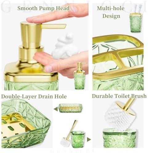Bathroom Accessory Set, 9-Piece Green Bathroom Set with Trash Can, Toilet Brush, Soap Dispenser, Soap Dish, Toothbrush Holder, Tumbler, Q-tip Holders & Tray, for Hotel/Apartment, Housewarming Gift - Image 4
