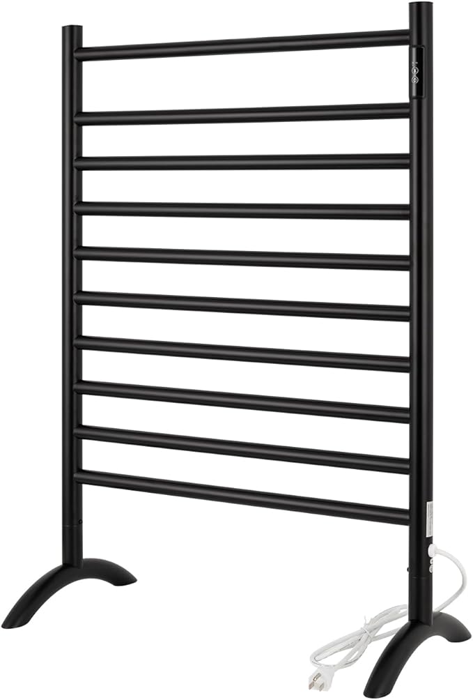 Freestanding Towel Warmer 10 Bars Plug-in Option 3 Working Modes Black Stainless Steel 24" W 34" H