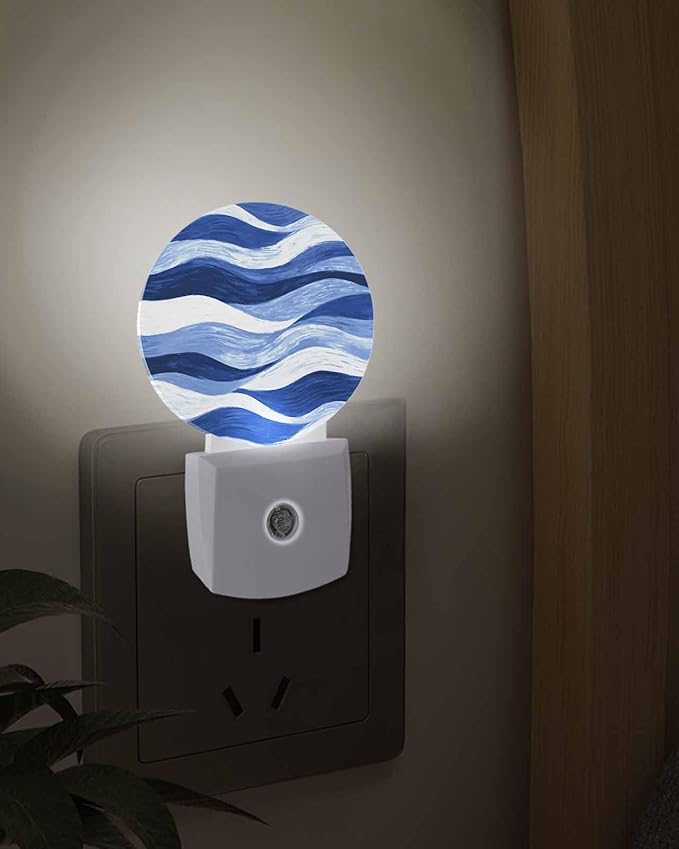 Night Lights Auto Sensor Navy Blue Ocean Waves Night Light Abstract Mountain Stripes Round Lamp Plug-in LED Nightlights Dusk to Dawn for Living Room Bedroom Bathroom Hallway Wall Decor