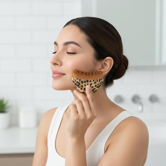 Lymphatic Contour Face Brush with Stainless Steel Gua Sha Tool - 1 Pcs Leopard Skin Lymphatic Face Brushes with GuaSha Tool for Sculpting | Gua Sha Facial Tools for Lymphatic Drainage Brushes