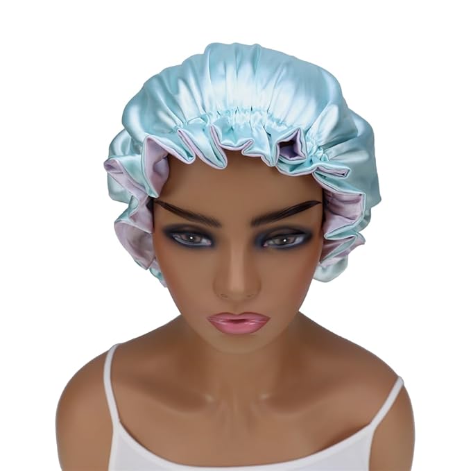 Adjustable Silk Satin Bonnet Hair Care Caps for Women Girls Loose-fitting Reversible Sleeping Cap Shower Caps Hair Wrap Bonnets (002 Lilac/Aqua)