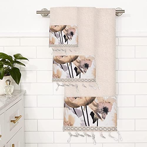 Zahari Home Poppy Fields Modern Bathroom Towel Set - 3 Piece Contemporary Decor Ensemble in Beige - Image 2