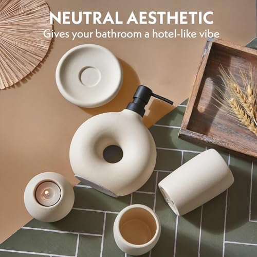 Ceramic Bathroom Accessory Set, 5 Pcs - Soap Dispenser 16 Oz, Toothbrush Cup, Toothbrush Holder, Soap Dish, Candle Holder - Beige, Boho Bathroom Sink Decor, Modern Countertop Accessories - Image 3