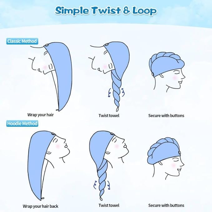Hair Towel Wrap, 5 Pack Quick Dry Hair Wrap, Highly Absorbent Adjustable Soft Towel Wrap, Anti Frizz Hair Turban with Button & Elastic Loop Hair Towels for Women Wet, Curly, Long Hair