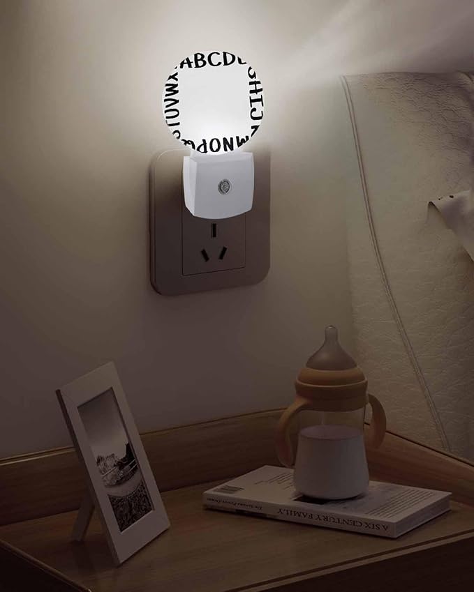 Night Lights Auto Sensor Alphabet Night Light White Modern Minimalist Letter Round Lamp Plug-in LED Nightlights Dusk to Dawn for Living Room Bedroom Bathroom Hallway Wall Decor