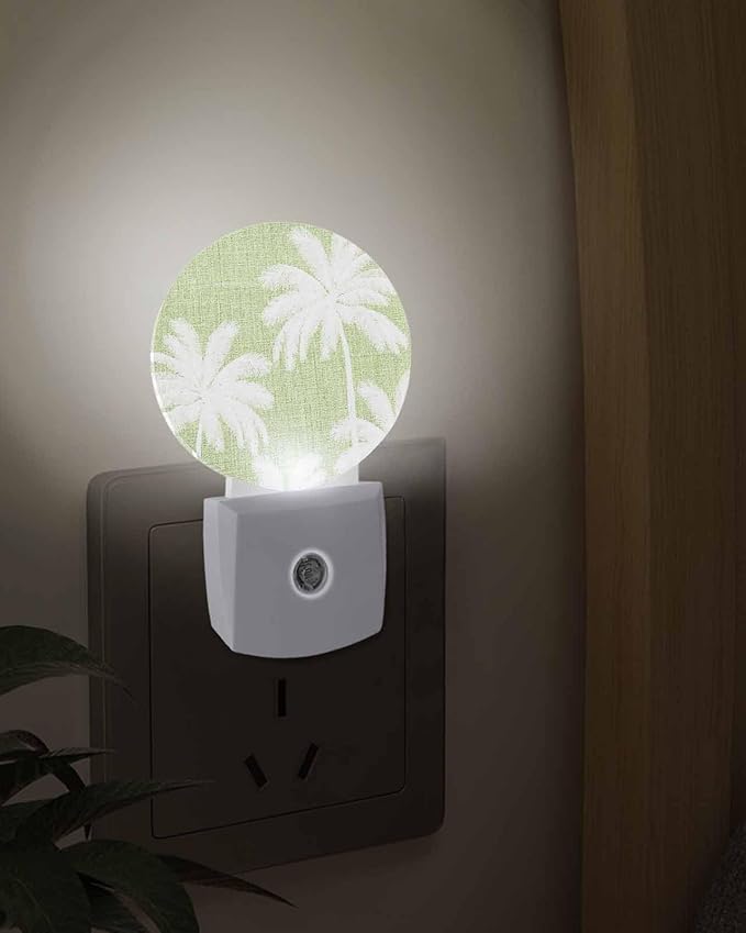 Night Lights Auto Sensor Tropical Palm Trees Night Light Olive Green Linen Coastal Round Lamp Plug-in LED Nightlights Dusk to Dawn for Living Room Bedroom Bathroom Hallway Wall Decor