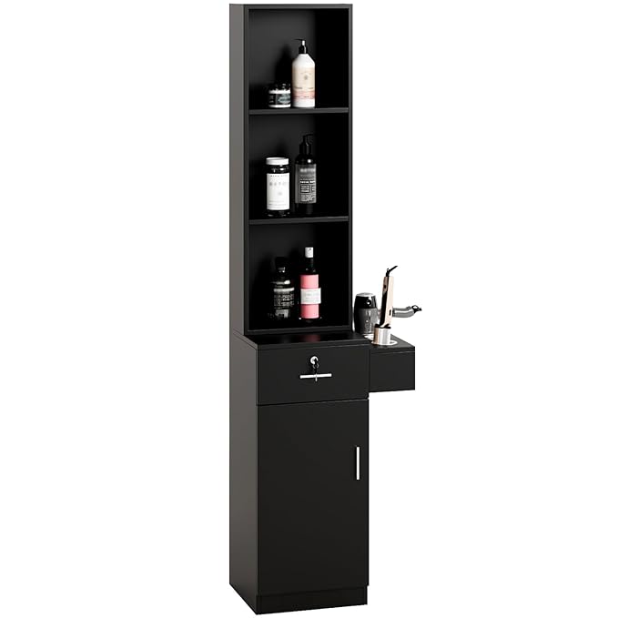 mefeir Salon Station, Barber Hair Stylist Storage Cabinet with Lockable Drawer, 5 Compartments & Shelf, Durable MDF, Organizer Equipment for Beauty Salon, Barbershop, Upgrade Black