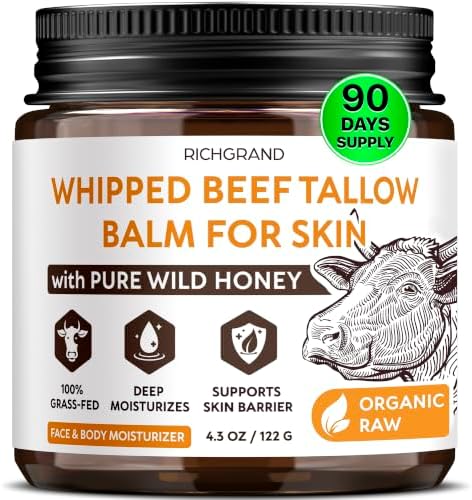 RICHGRAND Beef Tallow for Skin - Whipped Tallow and Honey Balm - Grass Fed Beef Tallow for Face, Daily Moisturizer & Body Butter - Natural Non Comedogenic Skincare by RICHGRAND