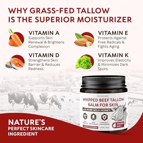 RICHGRAND Beef Tallow for Skin - Whipped Tallow and Honey Balm - Grass Fed Beef Tallow for Face, Daily Moisturizer & Body Butter - Natural Non Comedogenic Skincare (4.3 oz) - Image 4