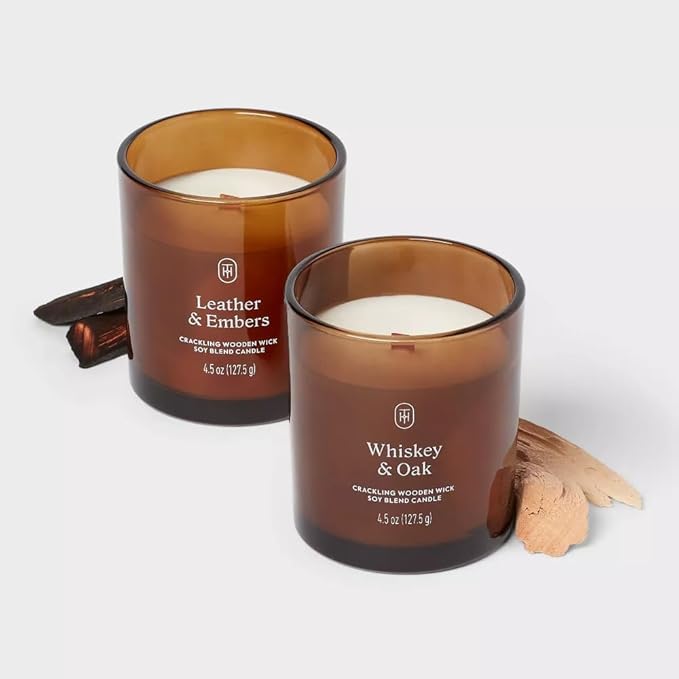 Threshold Leather & Embers and Whiskey & Oak Scented Amber Glass Jar Candles, 4.5 oz, Set of 2