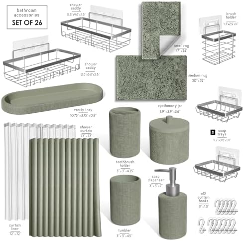 Clara Clark Sage Green Bathroom Set - Bathroom Sets with Shower Curtain and Rugs, 26PC Bathroom Accessory Set, Shower Curtain Set with Adhesive Corner Shower Caddy Hanging & Soap Dispenser - Image 2