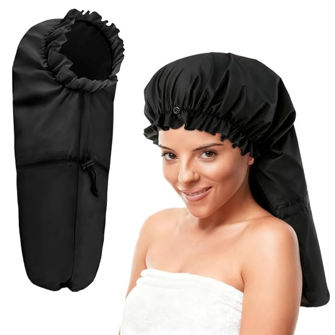 ELEBOX Extra Large Shower Cap for Braids/Curly Hair/Dreadlock | Reusable Waterproof Long Bonnets for Women Bath/Swim/Cooking/Cleaning/Spa | XL Bathing Cap with Adjustable Drawstring & Button, Black