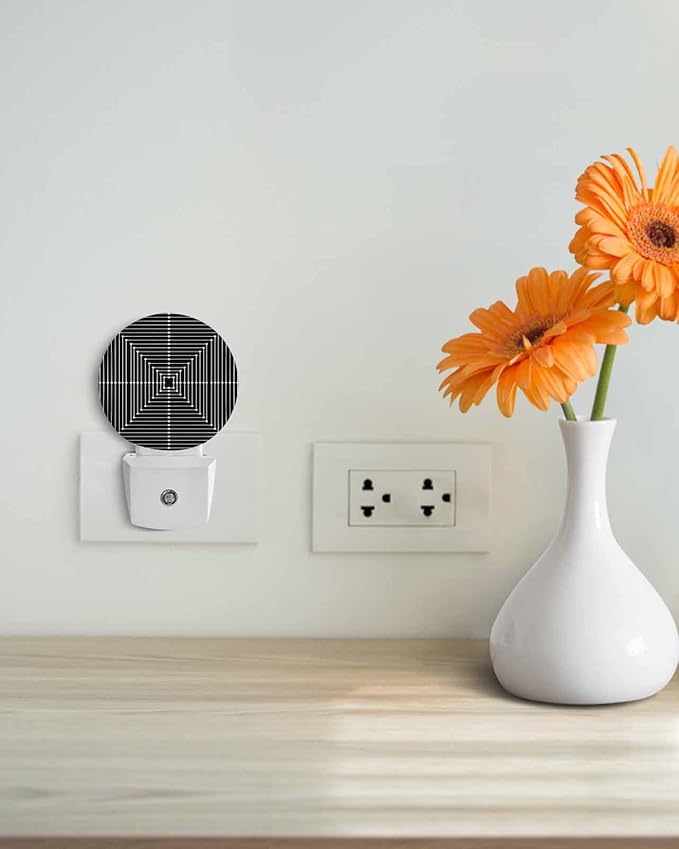 Night Lights Auto Sensor Black Aesthetic Night Light Lines Perspective Box Round Lamp Plug-in LED Nightlights Dusk to Dawn for Living Room Bedroom Bathroom Hallway Wall Decor
