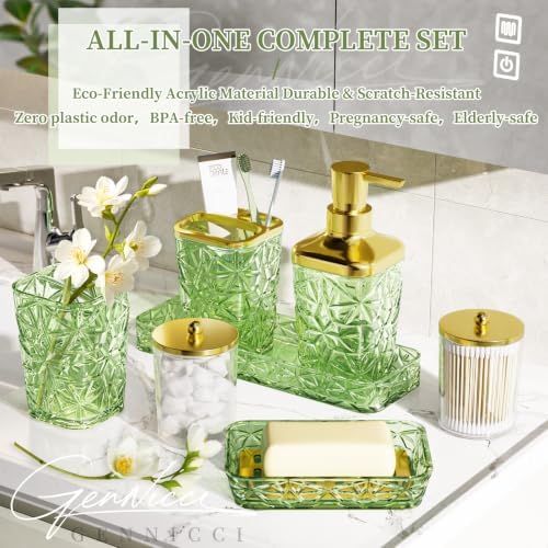 Bathroom Accessory Set, 9-Piece Green Bathroom Set with Trash Can, Toilet Brush, Soap Dispenser, Soap Dish, Toothbrush Holder, Tumbler, Q-tip Holders & Tray, for Hotel/Apartment, Housewarming Gift - Image 3