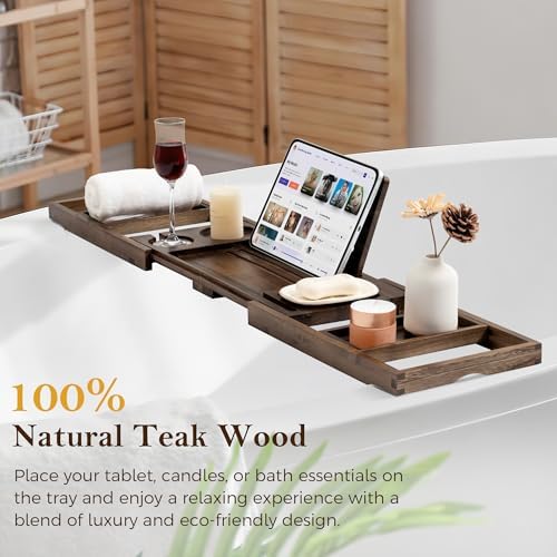 Teak Bathtub Tray, Expandable Bath Tray for Tub 28–40in, Foldable Bath Caddy with Wine Holder, Phone & Tablet Stand, Wooden Bathtub Organizer, Luxury Spa Bathroom Accessories Gift - Dark Walnut Finish - Image 2