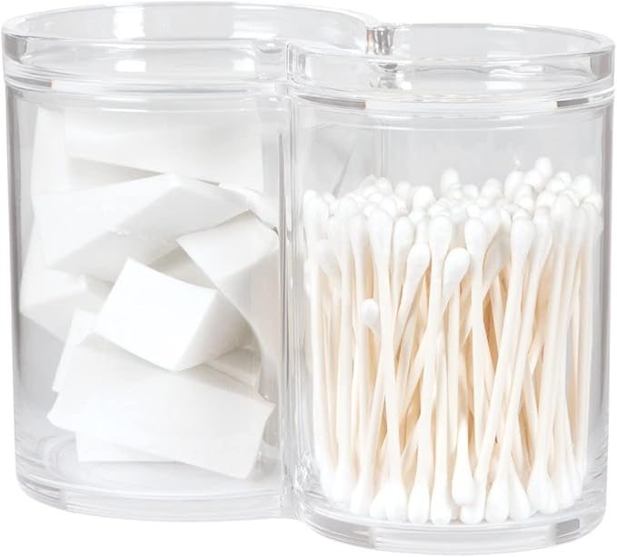 ForPro Clear Acrylic 2-Compartment Apothecary Jar with Lid, Shatterproof Qtip Holder & Cotton Ball Organizer, 28 Oz + 20 Oz Bathroom Vanity Canister for Kitchen, Office Decor, 6.25" x 3.7" x 4.6