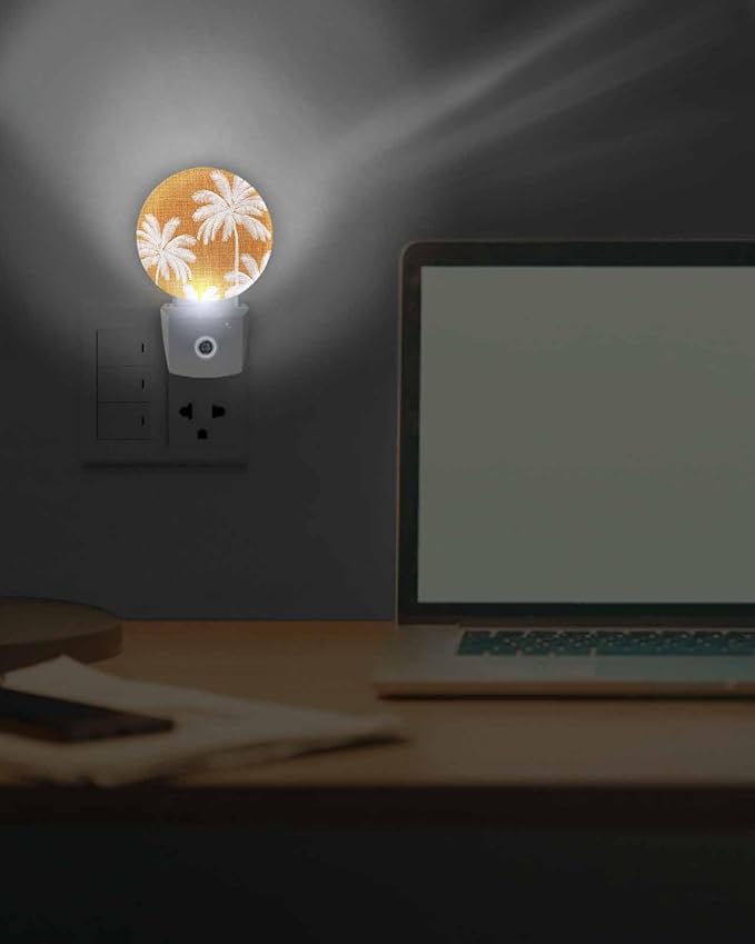 Night Lights Auto Sensor Tropical Palm Trees Night Light Orange Linen Coastal Round Lamp Plug-in LED Nightlights Dusk to Dawn for Living Room Bedroom Bathroom Hallway Wall Decor
